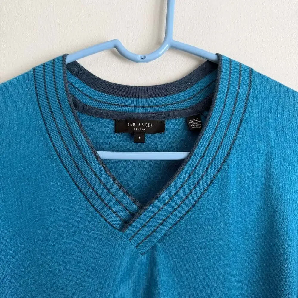 Ted Baker London Men’s V-Neck Sweater Size 3X Teal Blue Organic Cotton